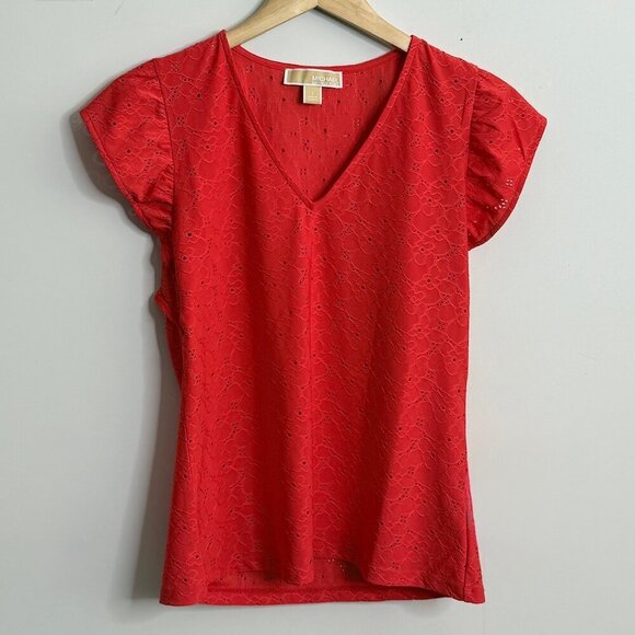 ❤️ Bright Orange/Red MICHAEL Michael Kors Eyelet Short Sleeve Blouse | Size SM - Picture 1 of 6